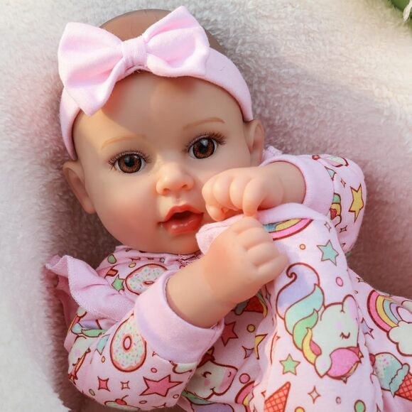 Realistic Reborn Baby Doll Girl 18 Inch Soft Body Brown Eyes Pink Outfit Gift - Picture 8 of 9